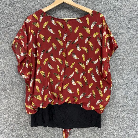 Alyx Blouse Women 0X Plus Red Feather Print Short Sleeve Round Neck Casual - Picture 2 of 7